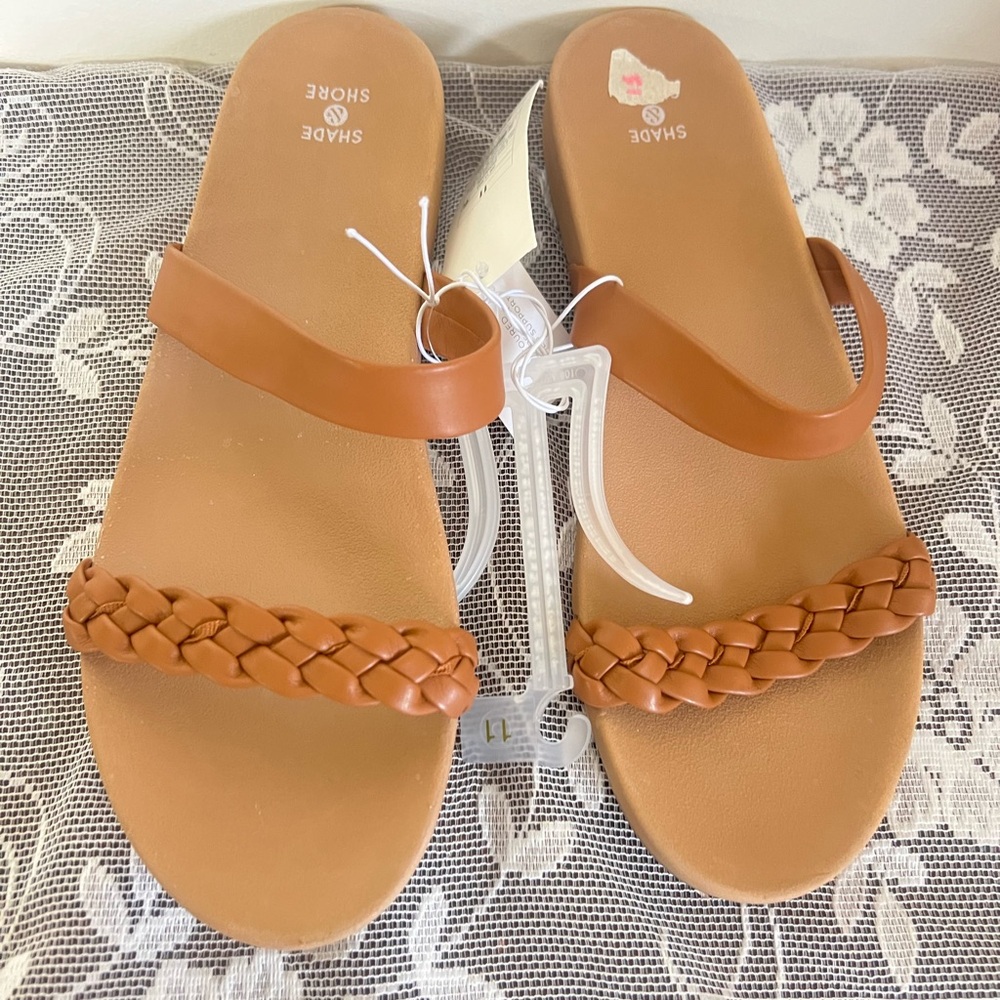 Shade & Shore Tan Braided Toe-Loop Slide Sandals - Caramel Tan